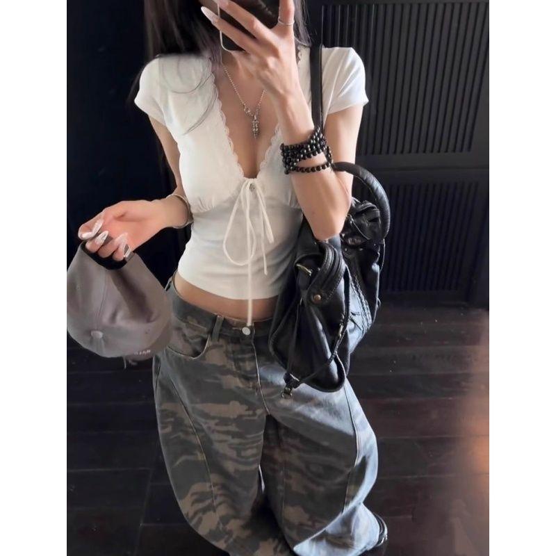 [Pure cotton] Lace-up lace short-sleeved women s summer slim-fitting and thin Spice Girl pure cotton top S белый