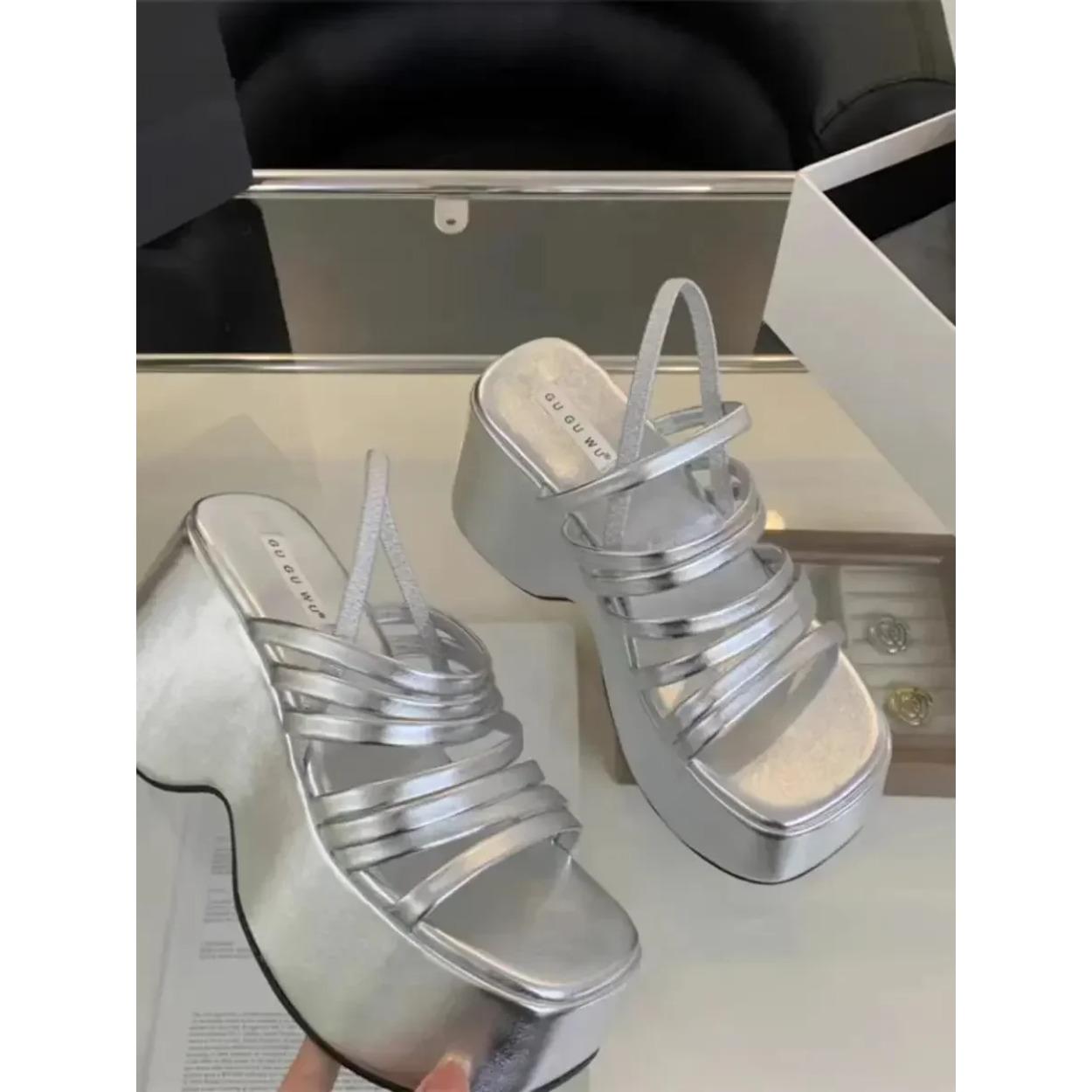 

Женские летние босоножки на массивном каблуке, новые модные шлепанцы на высоком каблуке с ремешком, женские черные повседневные без шнуровки на платформе Sandalias Mujer 40 серебряный