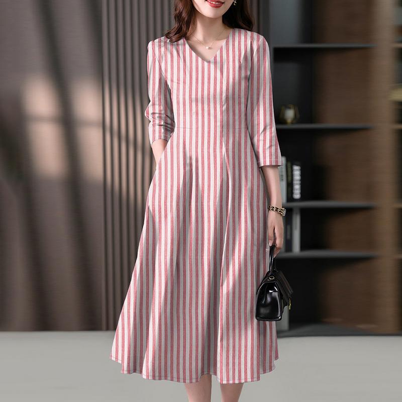 ZANZEA Women Casual V-Neck 3/4 Sleeve Loose Stripe Dress