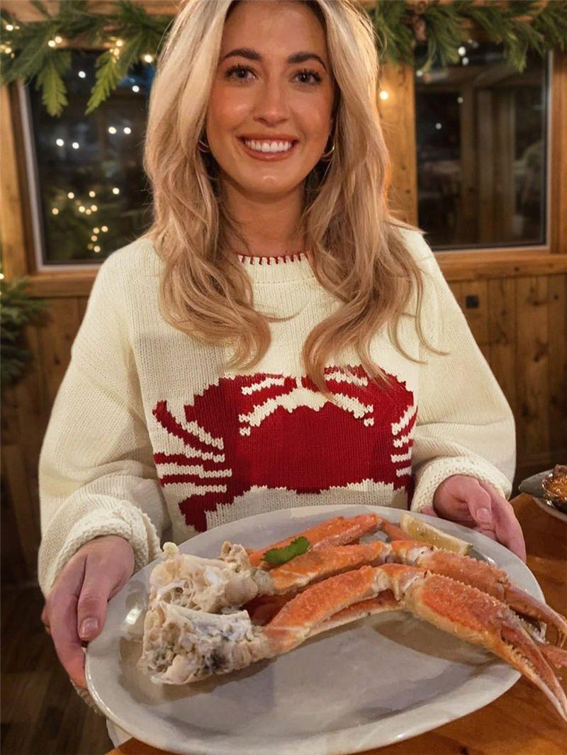 

Мода 2025 Новый узор с принтом краба Круглый вырез Плечо Длинный рукав Большой размер Свободный свитер XL абрикосовый