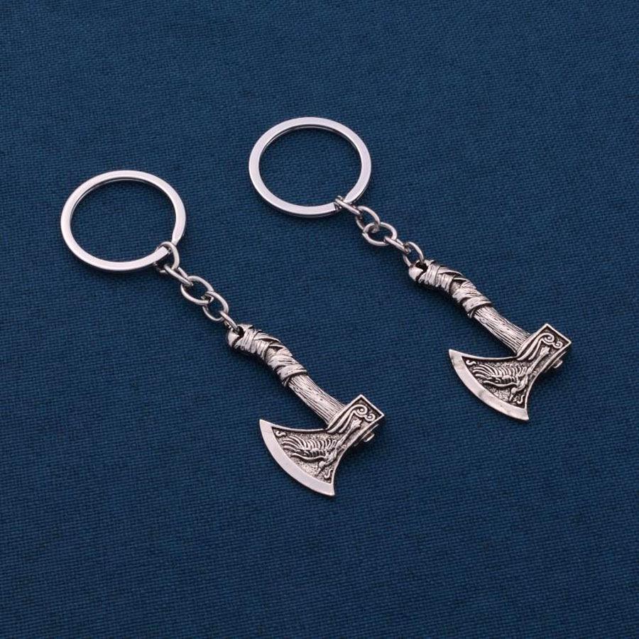 Viking Celtic Wolf & Raven Axe Rune Charm Keychain - Nordic Men's Pendant Ornament