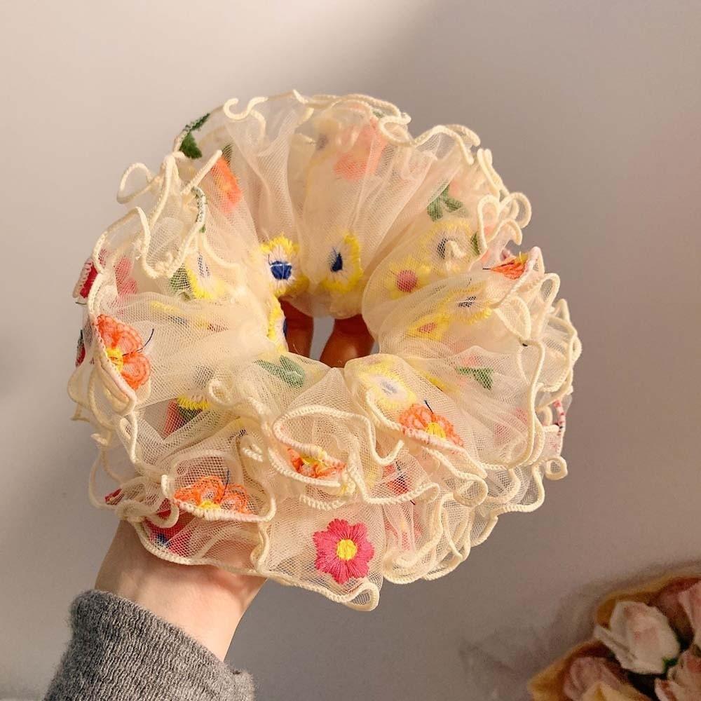 Large Intestine Circle Embroidered Mesh Scrunchie Korean Style Flower Lace Hair Ring  Daily