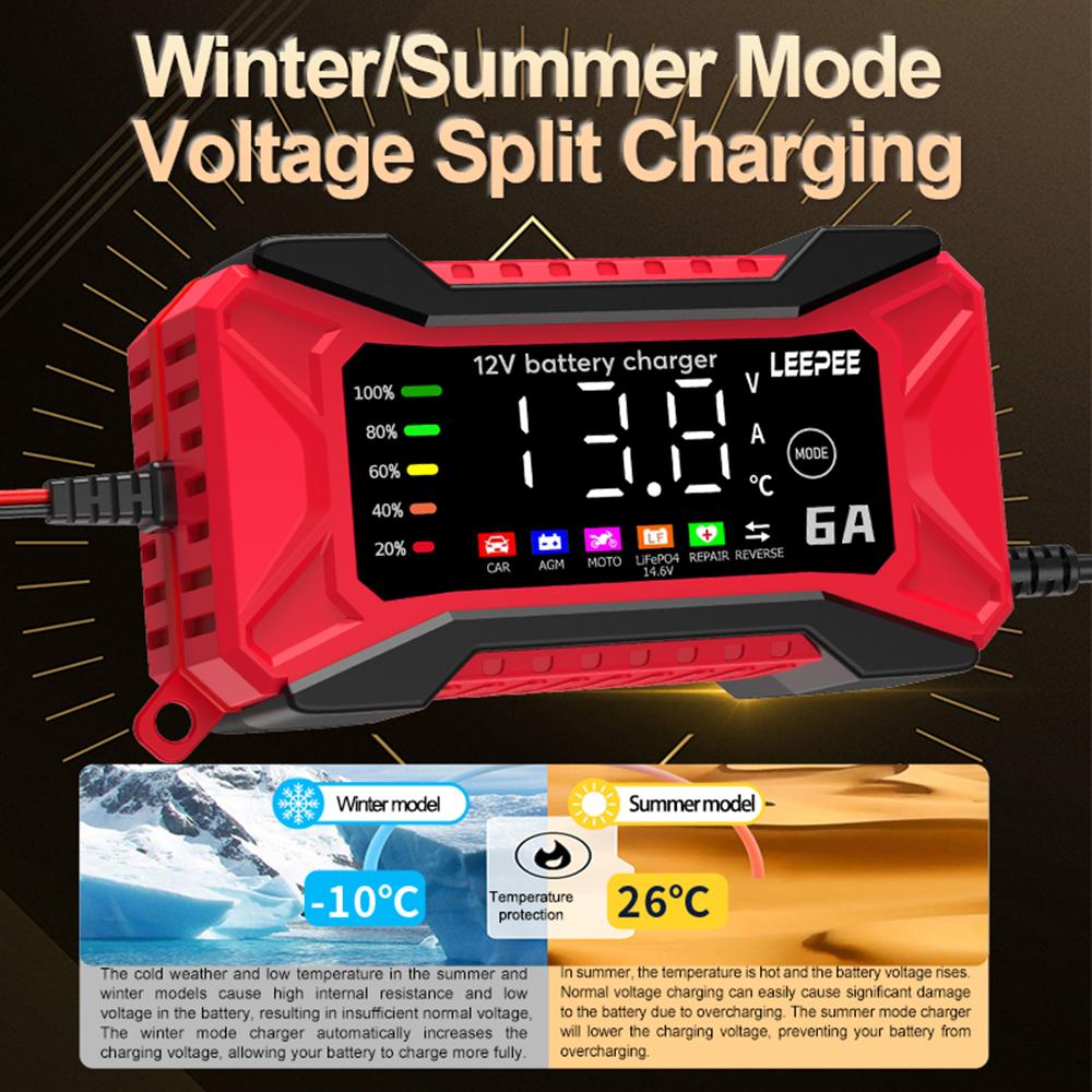 12V 6A Overvoltage Protection Intelligent Pulse Repair Car Battery Charger Voltage Temperature Detection Digital LCD Display