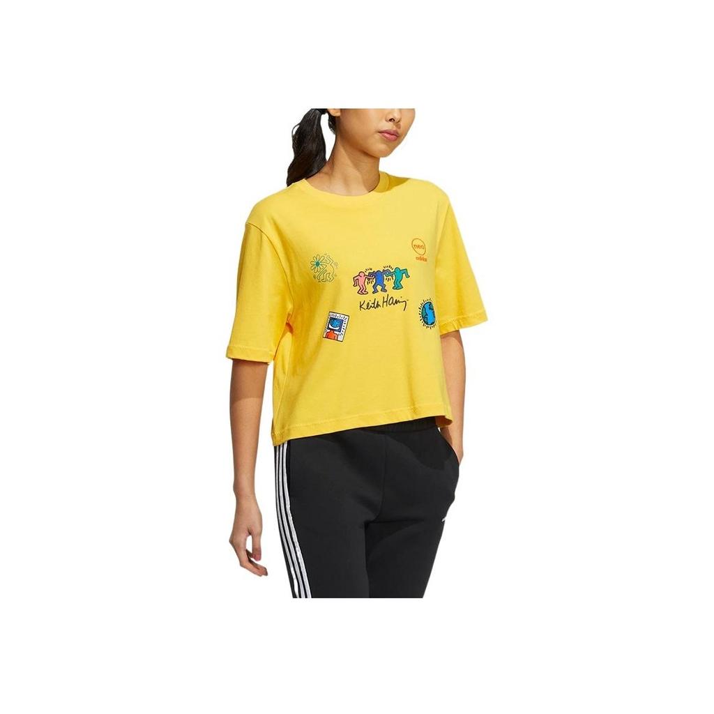 Adidas Neo Keith Haring SS22 Cartoon Crew Neck Casual Short Sleeve T-Shirt Women Tops Yellow HD7253