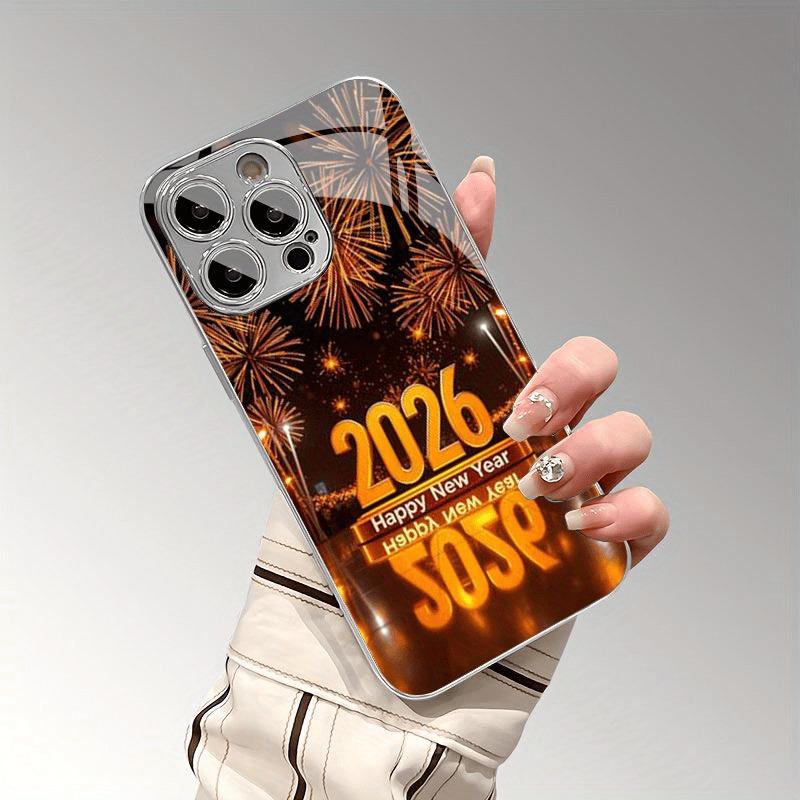 New Year 2026 Pattern Tempered Glass Electroplated Phone Case For iPhone 17 16 15 Pro Max 14 Plus 13 12 11 Pro 16E 17 Air Cover