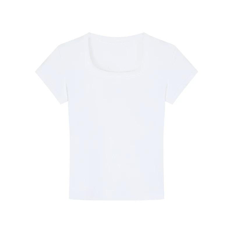 Short Square Neck Short-sleeved Threaded Trendy T-shirt Girls Short-sleeved High-waisted Bottoming Shirt Solid Color Slim-fitting and Thin