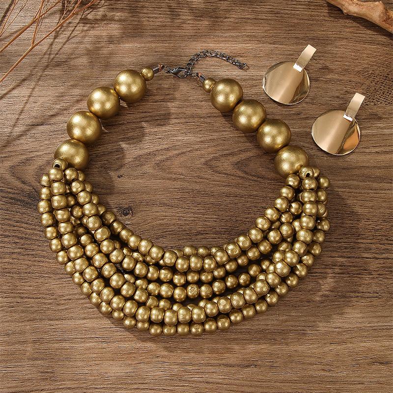 African Zircon Set Ethnic Style Multi-layer Handmade Wooden Beads Beaded Statement Necklace Earrings Women Party Accessories