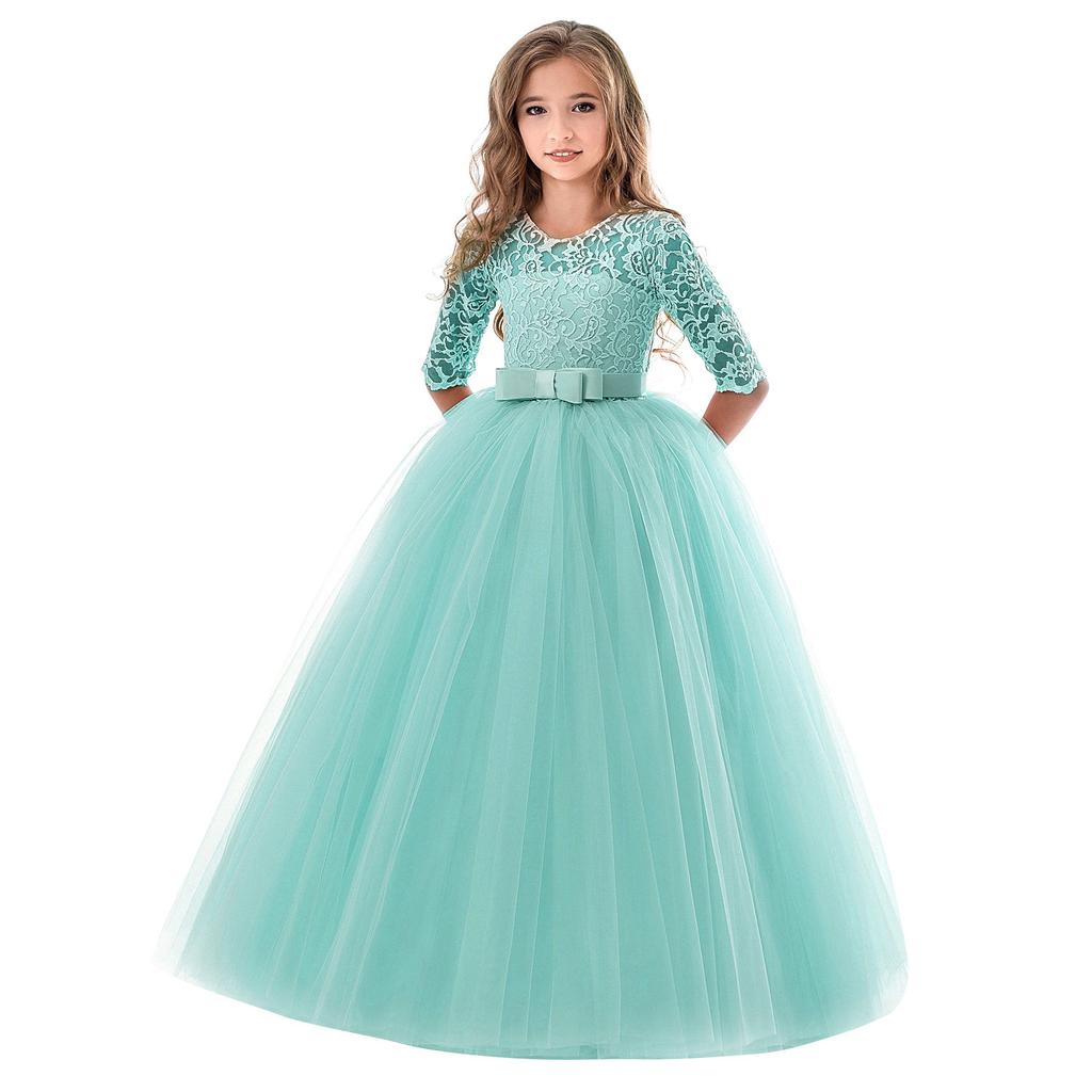 Girls Long Sleeve Flower Girl Wedding Dress Princess Gown