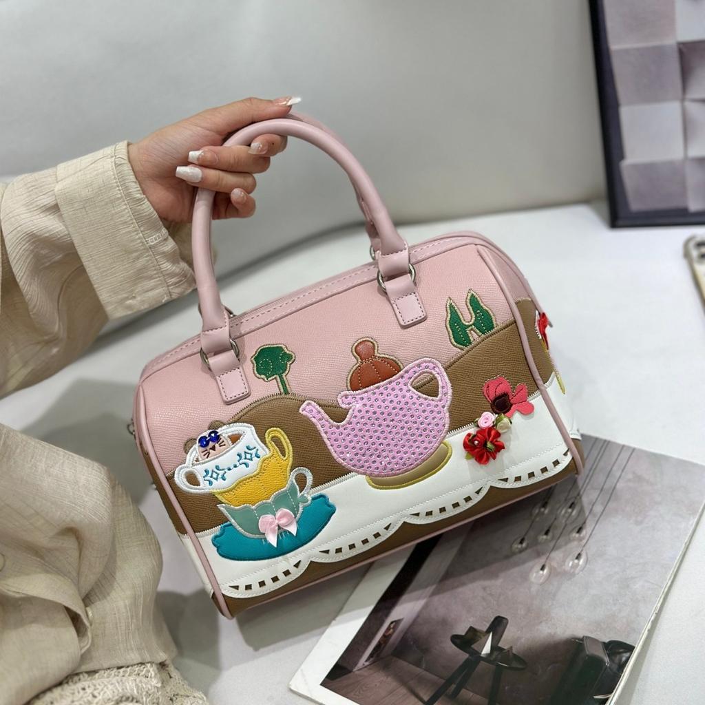 Bag Female Creative Boston Bag Cartoon Embroidery Splicing Shoulder Handheld Crossbody Bag Pillow Bag