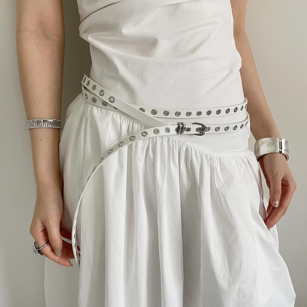 Punk Style Full Hole Jeans Belt for Women No Punching Required Ins Style Student Simple and Versatile Thin Belt