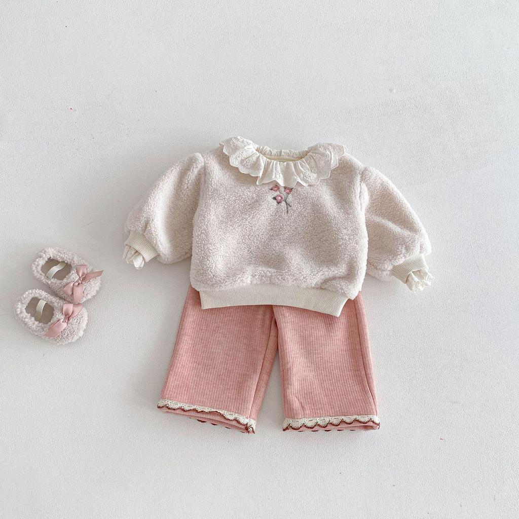 Pantaloni in Pizzo Stile Coreano con Ricami e Fodera in Velluto per Ragazze - Eleganti Gamba Dritta - Inverno 2025