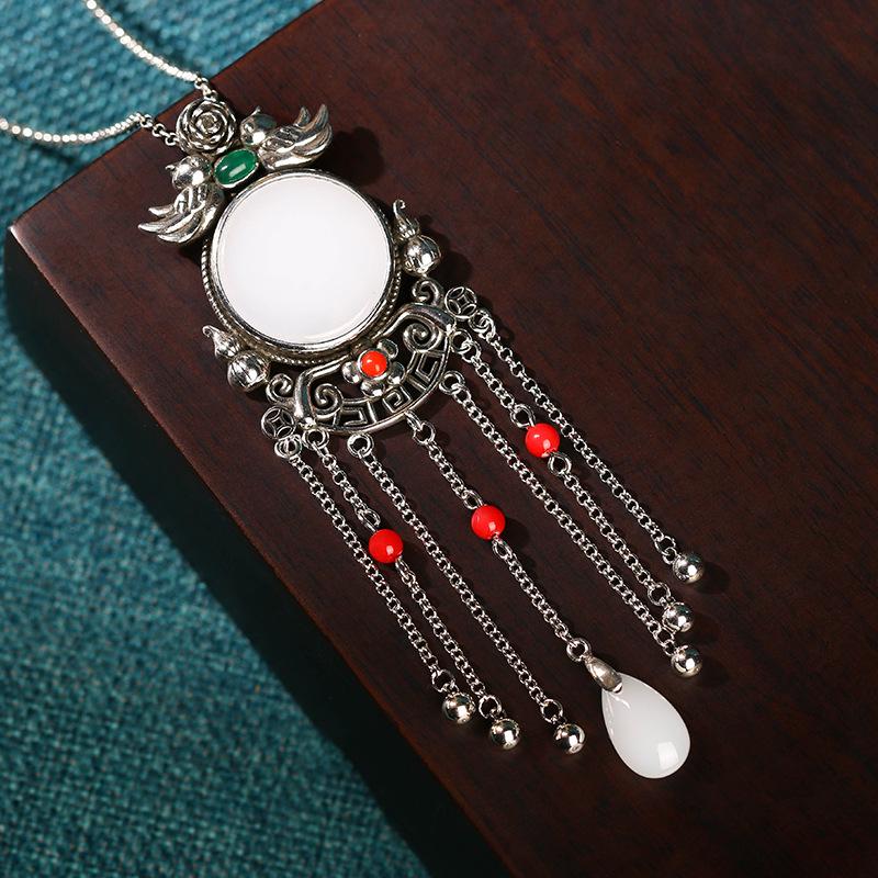 Retro Thai Silver Tassel Necklace with Imitation Jade for Peace and Joy