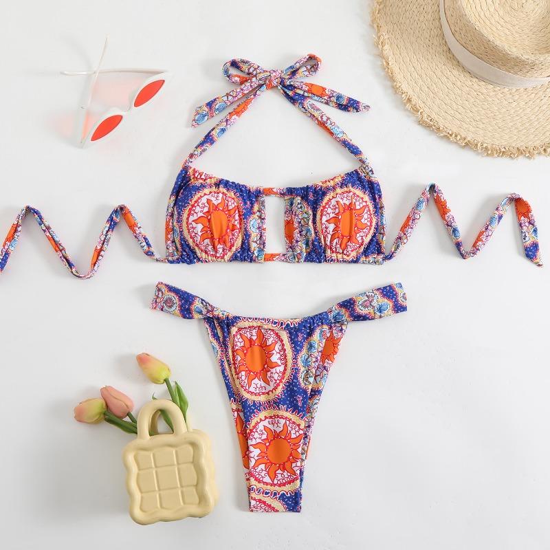 

Sexy strap print swimsuit high waist quick-drying bikini multi-color neck fashion swimsuit bikini L синий