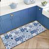 Bohemian Tile Print Long Floor Mat, Blue White Geometric Floral Pattern Non-Slip Durable Runner Rug for Hallway Laundry Room