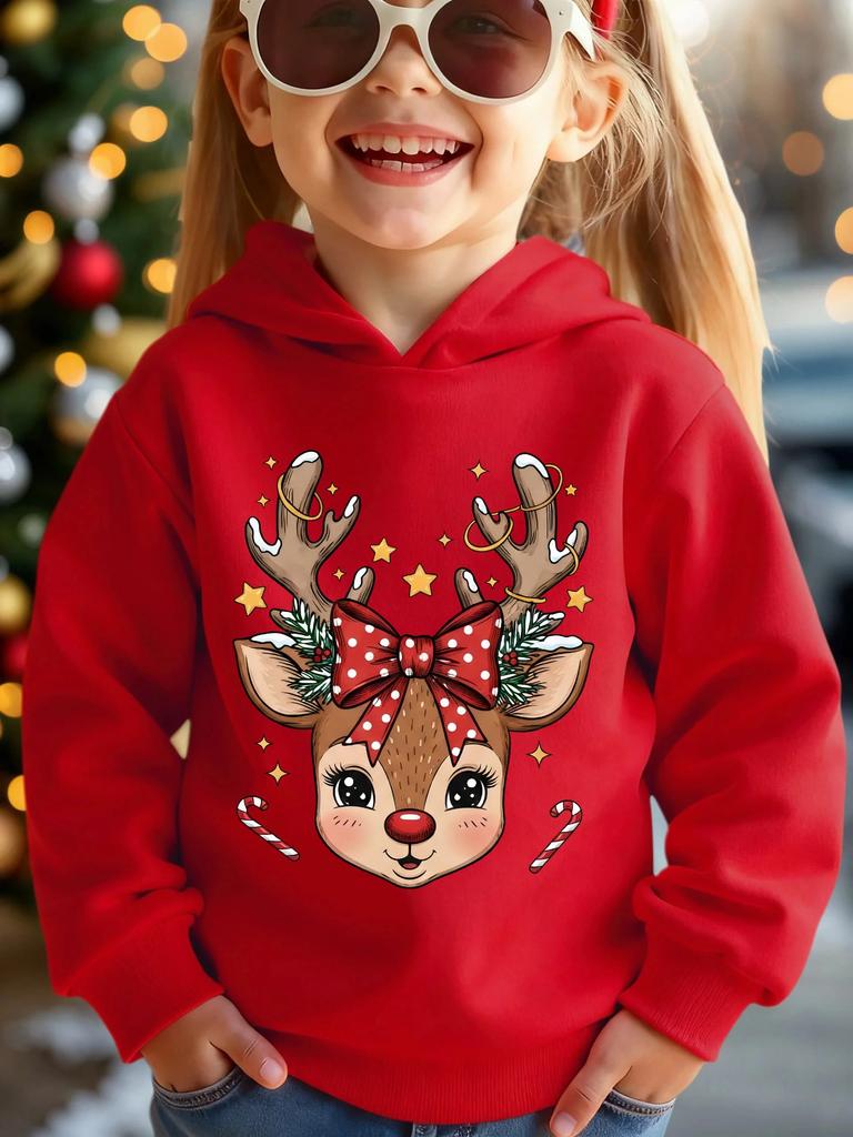 Kids Toddler Girls Cute Christmas Reindeer Graphic Printed Hoodies Pink Xmas Holiday Sweatshirt Long Sleeve Pullover Tops