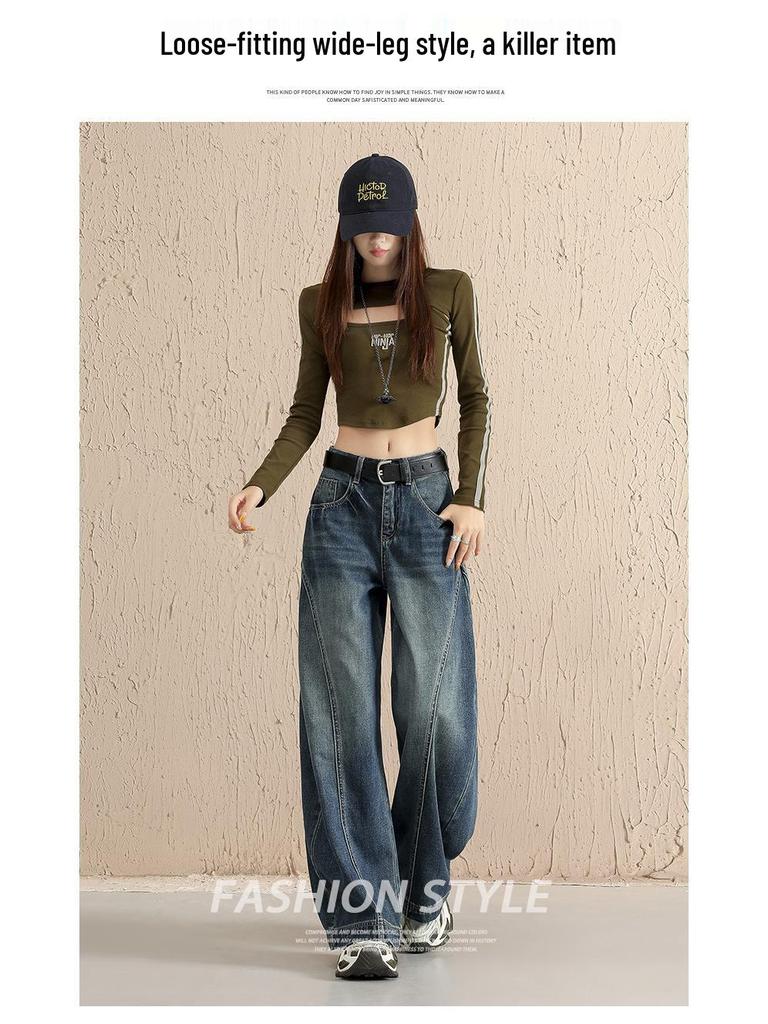 Amerikanische Retro-Jeans mit gebogenem Bein: Damen 2026 Frühling/Herbst Weit geschnittene Säbelhosen