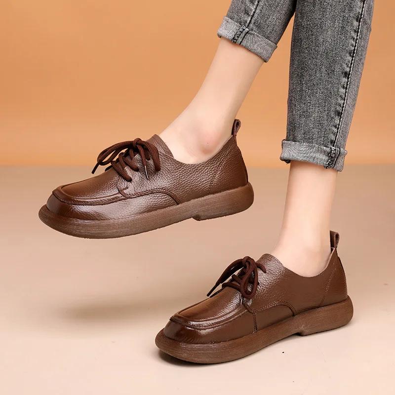 Spring New Women Shoes Genuine Leather Retro Loafers Soft Bottom British Comfortable Lace Up Anti Slip Casual Shoes 2025