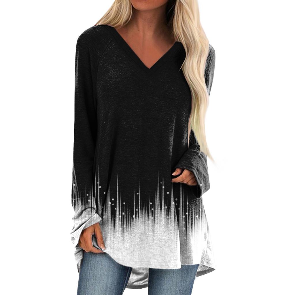Women's Long Sleeved V-neck Color Casual Long Loose T-shirt Top