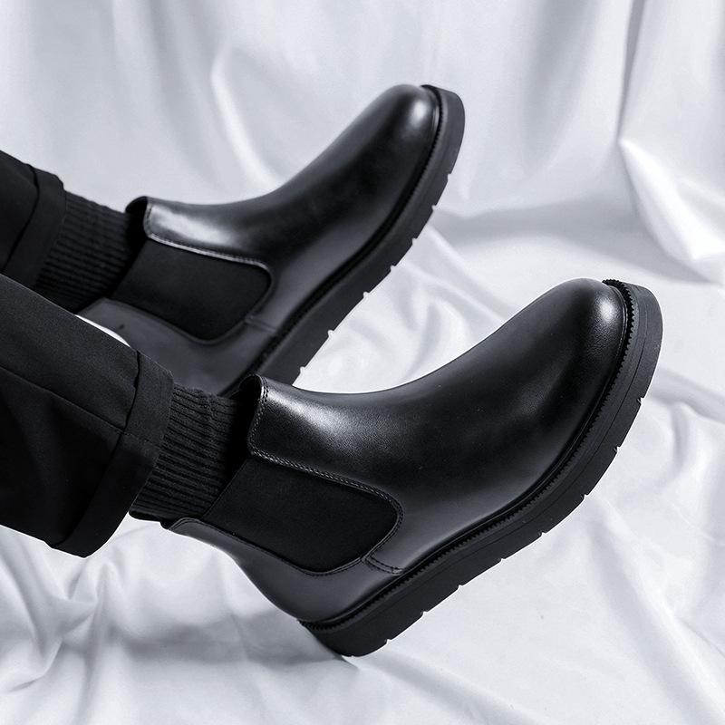 men casual chelsea boots black trendy genuine leather shoes business office dress cowboy platform boot youth ankle botas zapatos