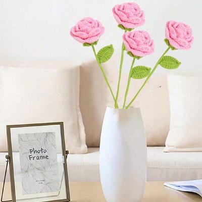 6 Pcs Knitted Crochet Rose Flowers Crochet Flowers Rose Artificial Flowers Handmade Flowers Home Decor Woven Gift for Birthday Valentines Mom