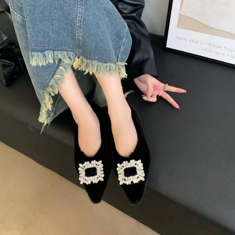 2024 Lässige High Heels Quadratische Zehenpartie Sexy Dicke Sohle Einfarbig Neuer Stil Strassdekoration Retro-Mode Lässige Low-Top-Schuhe