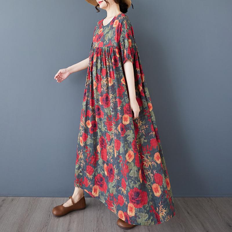 DIMANAF 2025 Summer Women Plus Size Vintage Dress Floral Short Sleeve Casual Basic New Printing Loose Long Dress