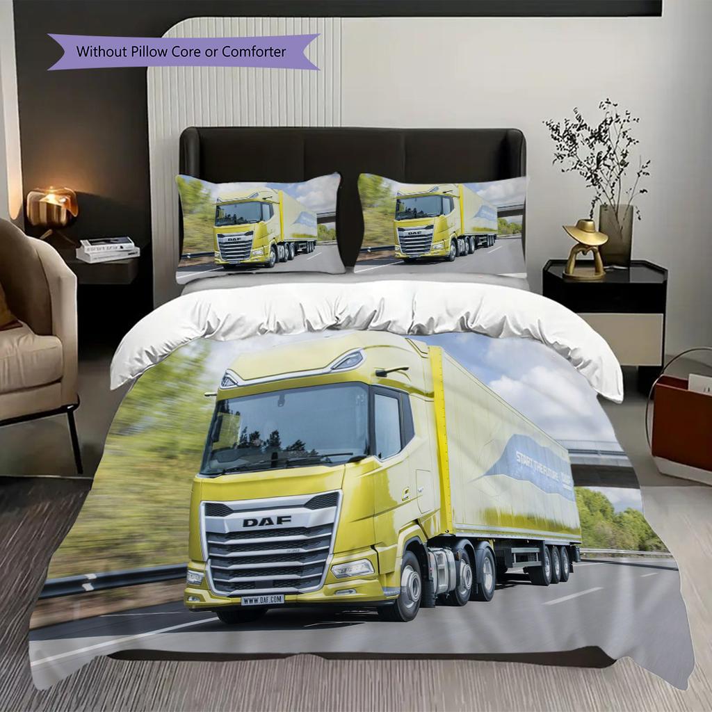 Golden Trucks Motion Bedding (1 * duvet cover + 2 * pillowcase, without core) 2D Flat Soft and comfortable Bedding set Christmas birthday gift