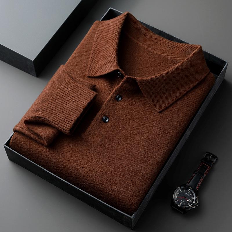 2026 Autumn/Winter Men's Slim Fit Heavy Knit Polo Sweater, 500g Lapel Pullover Base Layer