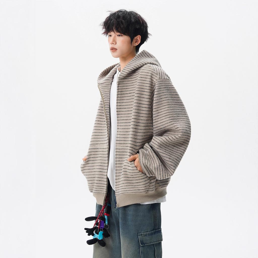 Retro Striped Cardigan Sweatshirt Men's Autumn High Street Lazy Style Couple Jacket Casual Versatile Top