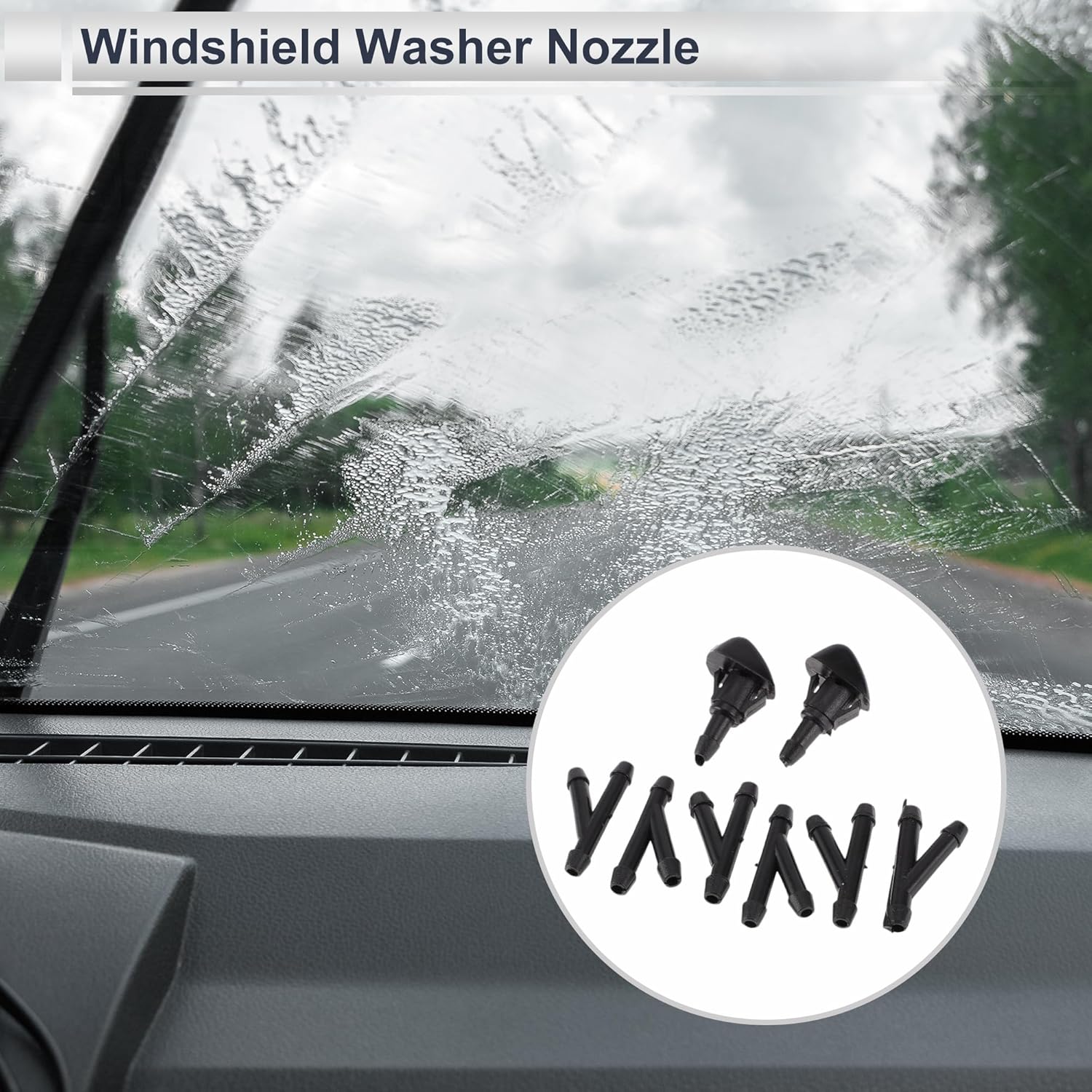 Windshield Washer Nozzle for Honda Civic 1987-2005 Front W/ 6 Pcs Y Hose Connector Car 76810SWAE01 Black Plastic 1 Set