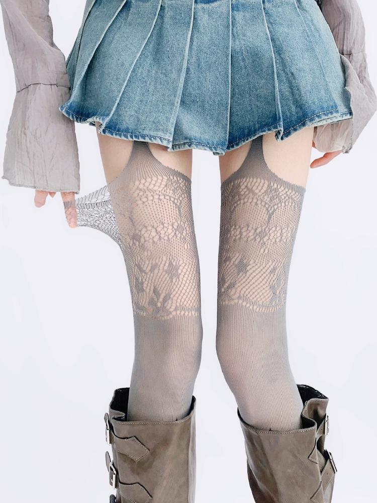 New Design Print Garter Belt Fishnet Stockings Sexy Women Hollow Thigh High Socks Suspender Punk Spicy Girls Mesh Overknee Socks