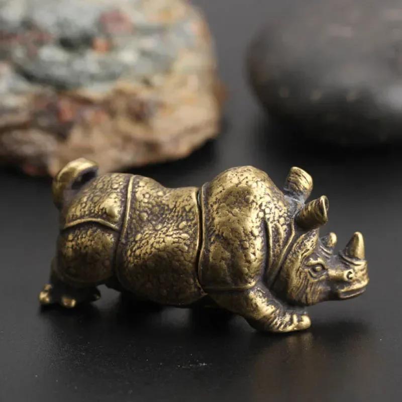 Pure Copper Miniatures Lucky Rhino Statue Figurines Desk Decorations Vintage Brass Animal Statue Home Decor Ornaments Crafts