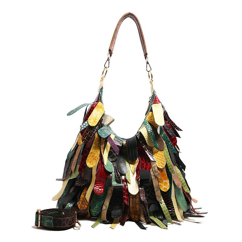 Indian Boho Style Leather Bucket Bag With Tassels And Pouch For Daily Casual Use