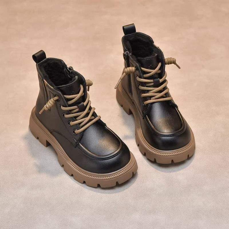 Girls Martin Girls Fleece Boots Autumn and Winter New Foreign Style Girls Single Boots Soft Sole Fleece Short Boots Boys Leather Boots
