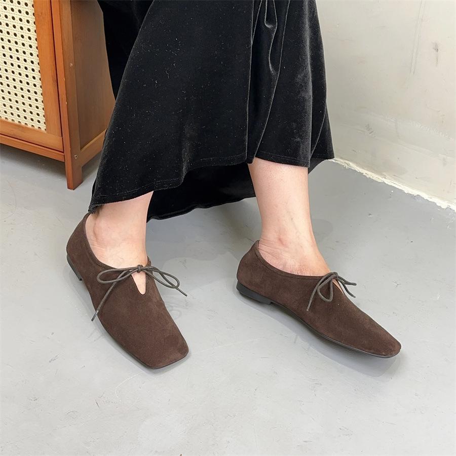 Johnature Square Toe Loafers Frosted Cowhide Versatile Handmade Lace-up Genuine Leather Women's Flat Shoes