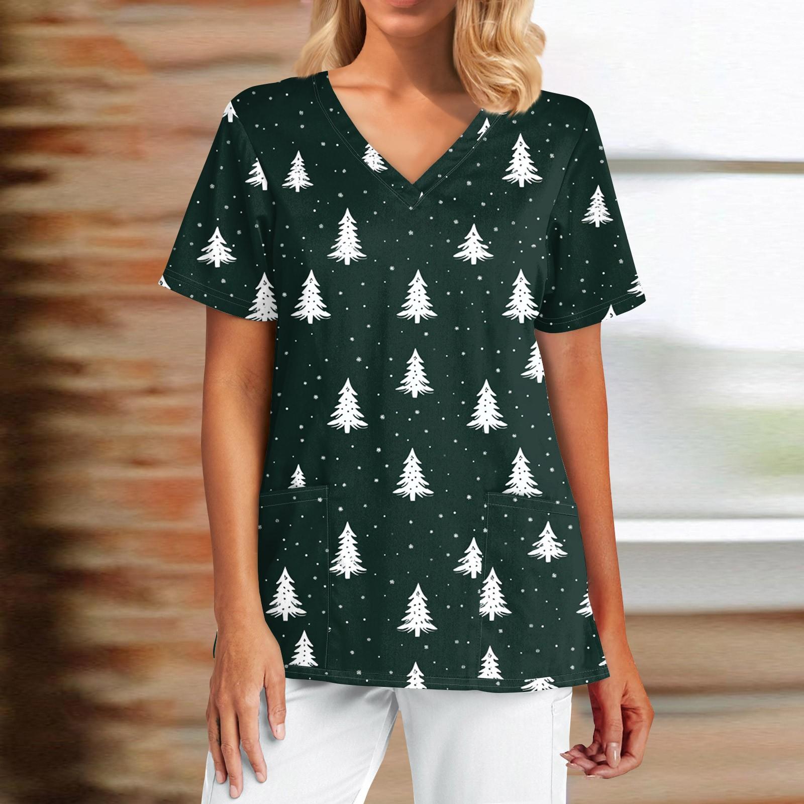 

Жіночий модний різдвяний принтований топ з короткими рукавами, V-подібним вирізом та маленькими кишенями, футболка L