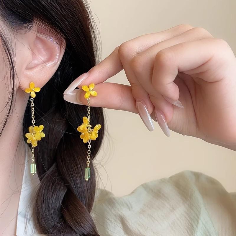 Women S French Vintage Osmanthus Tassel Pearl Earrings Sweet Elegant Ear Jewelry