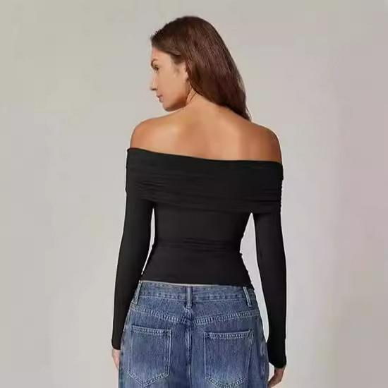 European and American Women's One-Shoulder Long-Sleeve Milk Silk T-Shirt - Elegant and Stylish Design