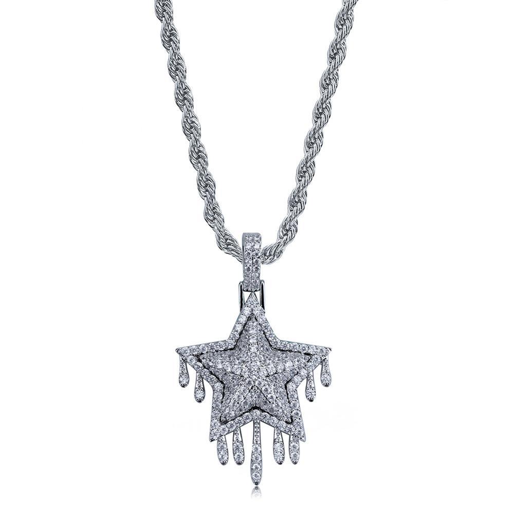 New Iced Out Metor Drip Star Pendant Necklace Micro Pave Cubic Zirconia Stones Water Drop Charms Hip Hop Men's Jewelry Gifts Hot