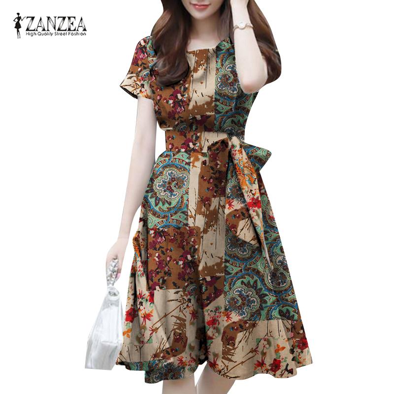 

ZANZEA Женское летнее повседневное хлопковое платье с короткими рукавами и принтом