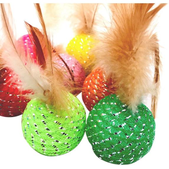 10Pcs Cat Colorful Rainbow Toys Flutter Balls with Feather and Bells for Indoor Ourdoor Kitty Kitten Interactive Playing Chewing Training Chasing
