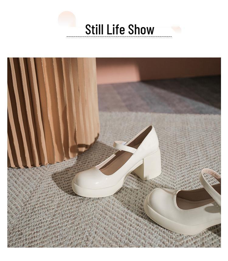 White Chunky Sole Mary Janes - Women's Spring/Autumn 2025 High-Heel Elevating Leather Shoes