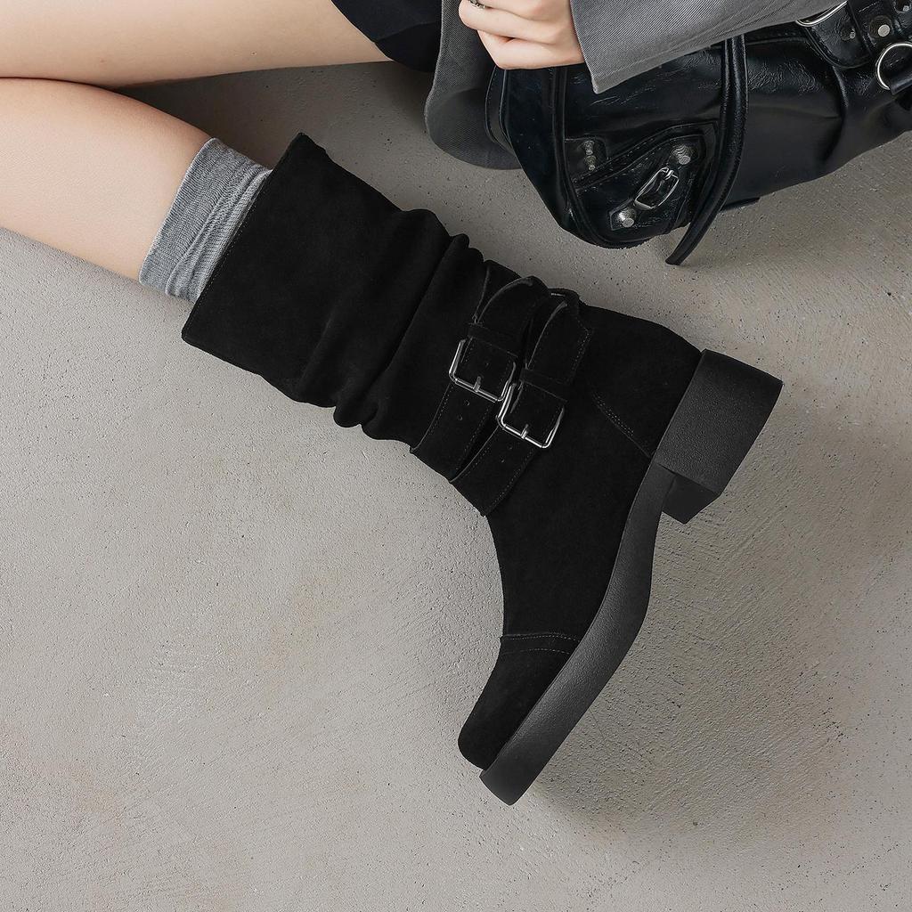 Krazing Pot Cow Suede Nubuck Winter Round Toe Modern Boots Med Heels Slip on Pleated Style Metal Buckle Mid-calf Boots