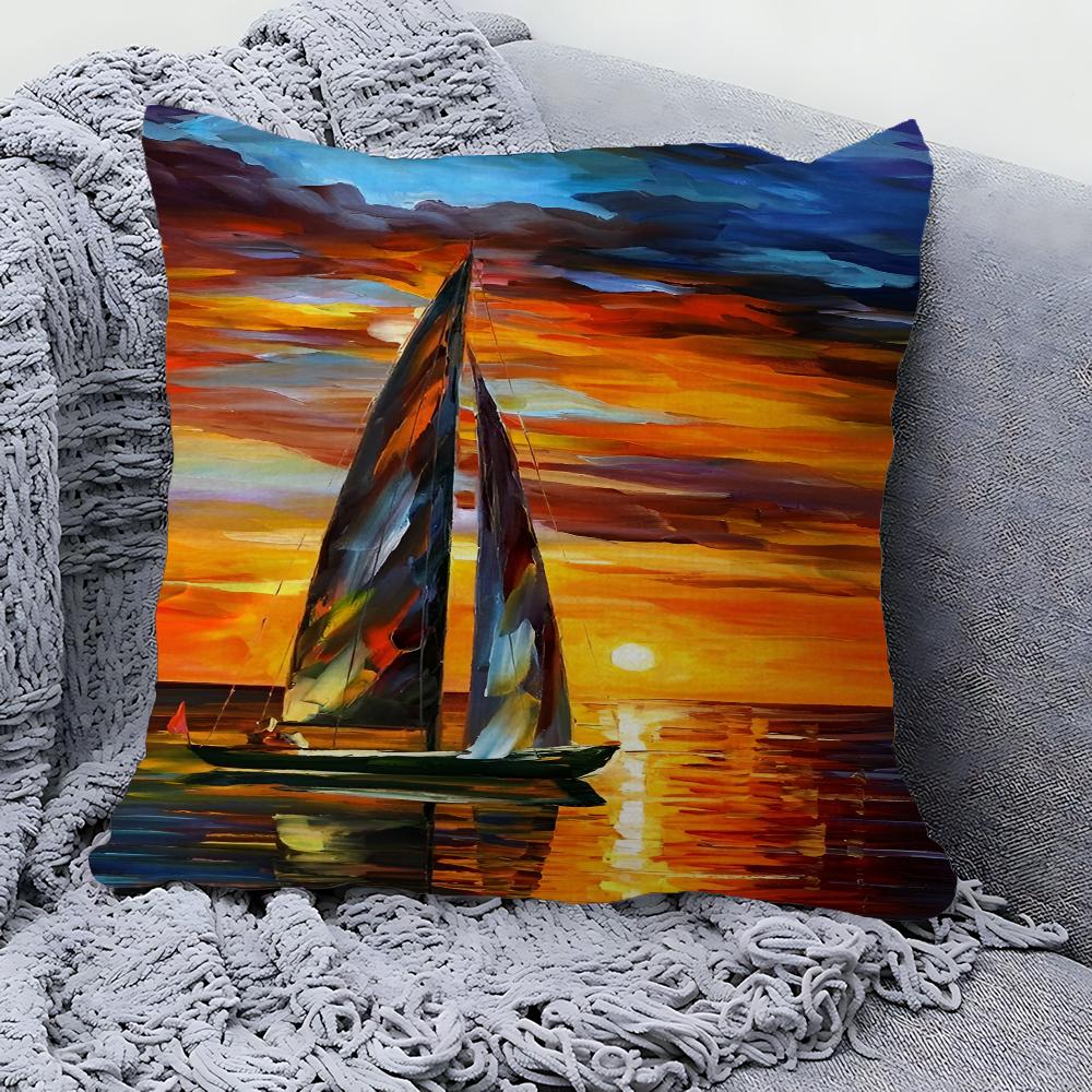 Boat Bay Beach Canvas Painting Pillow Gift Home Office Decoration Pillow Bedroom Sofa Car Cushion CoverPillow Case