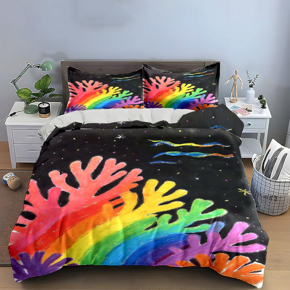 Rainbow coral, starry background. Bedding sets Duvet cover sets Duvet covers Pillowcases(1 * Duvet Cover 2 * Pillowcases without duvet insert)