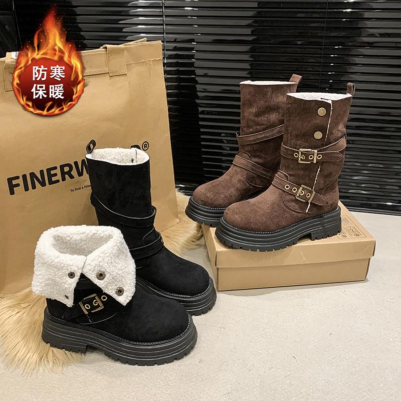 Mid-calf Square Heel Modern Boots Winter Slip-on 2024 High Quality Ladies Shoes Round Toe High Heel Buckle Punk Women's Boots