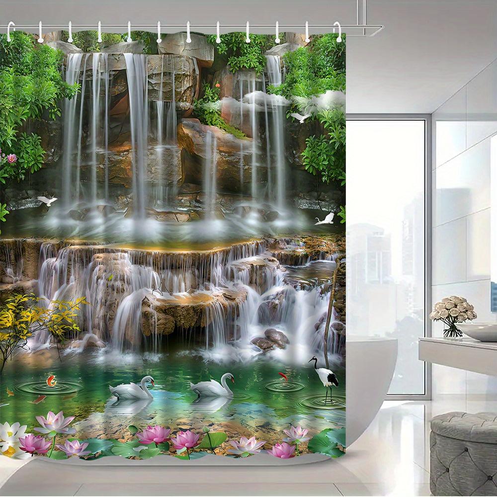 Waterfall Swan Lotus Shower Curtain Nature Landscape Art Bathroom Decor Zen Garden Bath Curtains For Modern Home Interior