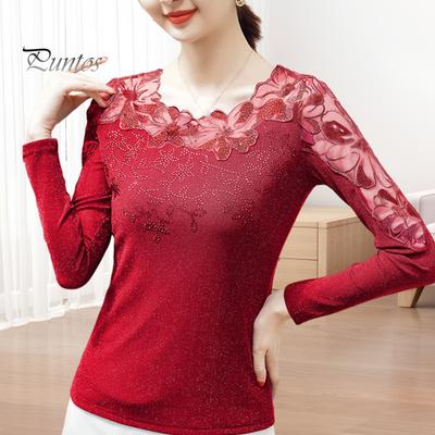Women Tops Round Neck Long Sleeve Mesh Lace Embroidery Pullover Tops Solid Color Slim Fit Blouse Daily Wear