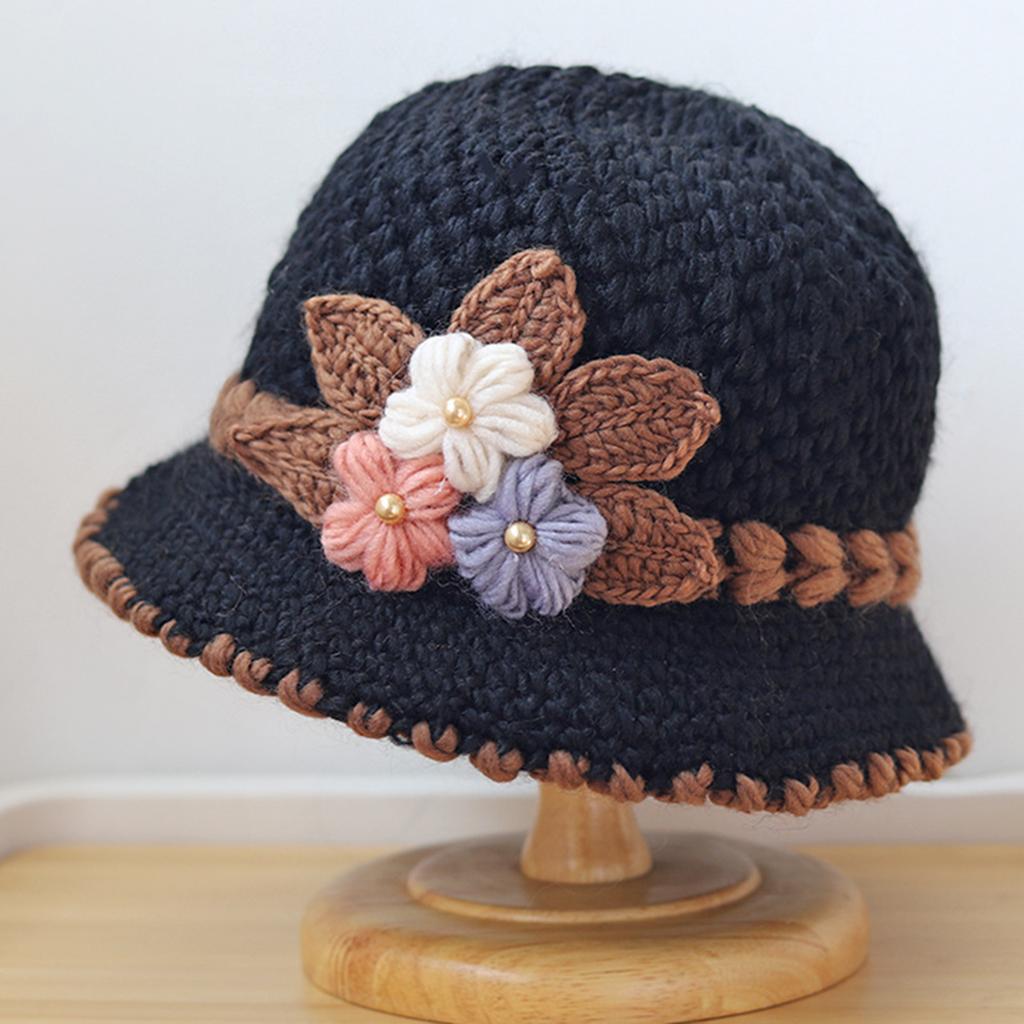 Knitted Hat Women'S Autumn And Winter Wool Hat Classic Winter Women'S Hat Flower Fleece-Lined Bucket Hat Mother Warm Winter Hat