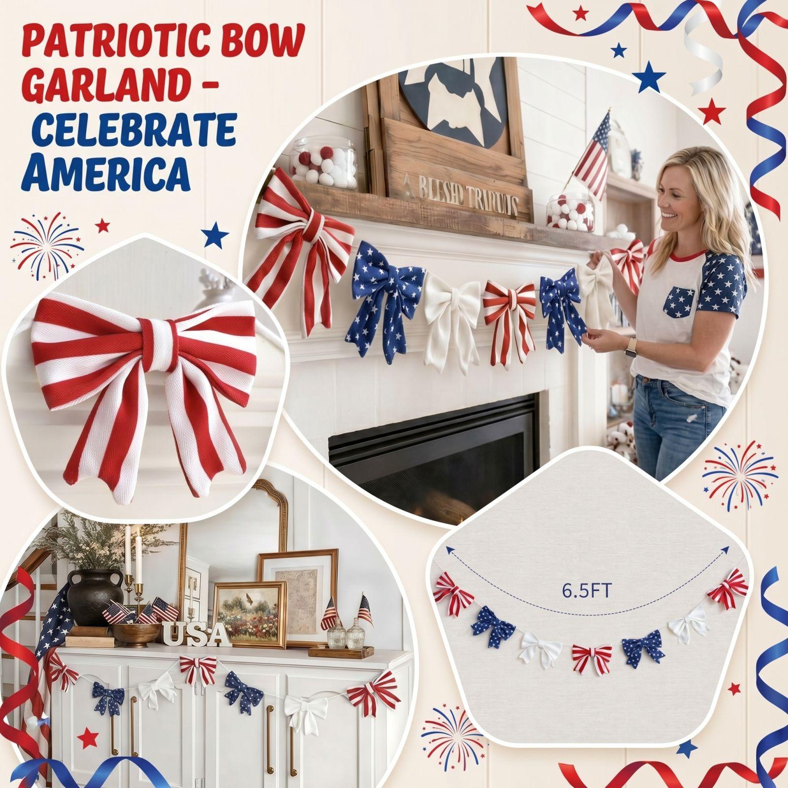 

Patriotic Bow Garland - Memorial Day Decor - America 0th Anniversary Decoration - Fourth Of Home Party Supplies Independ One Size